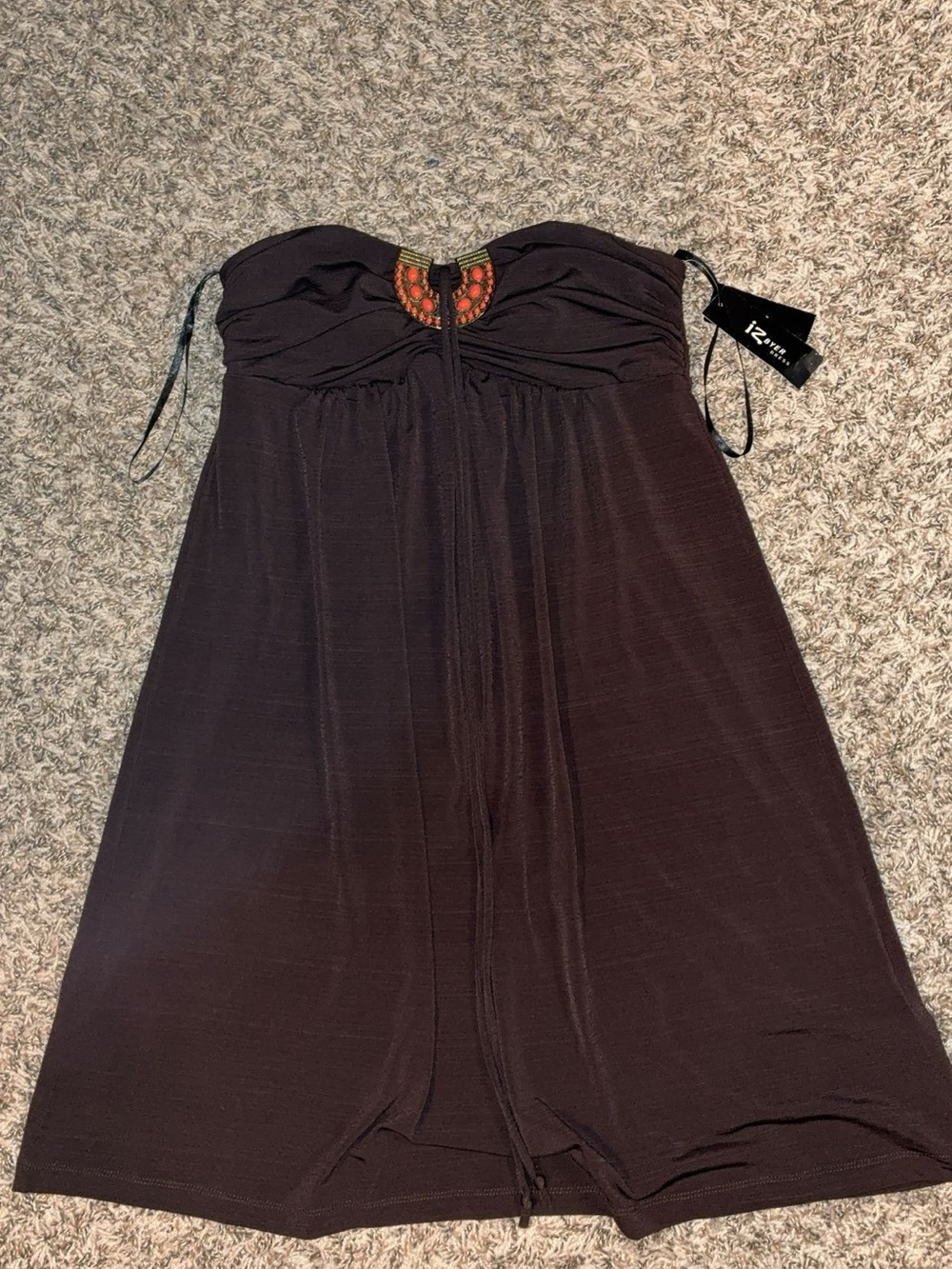 Iz Byer Strapless Brown Dress with Embellished Neck